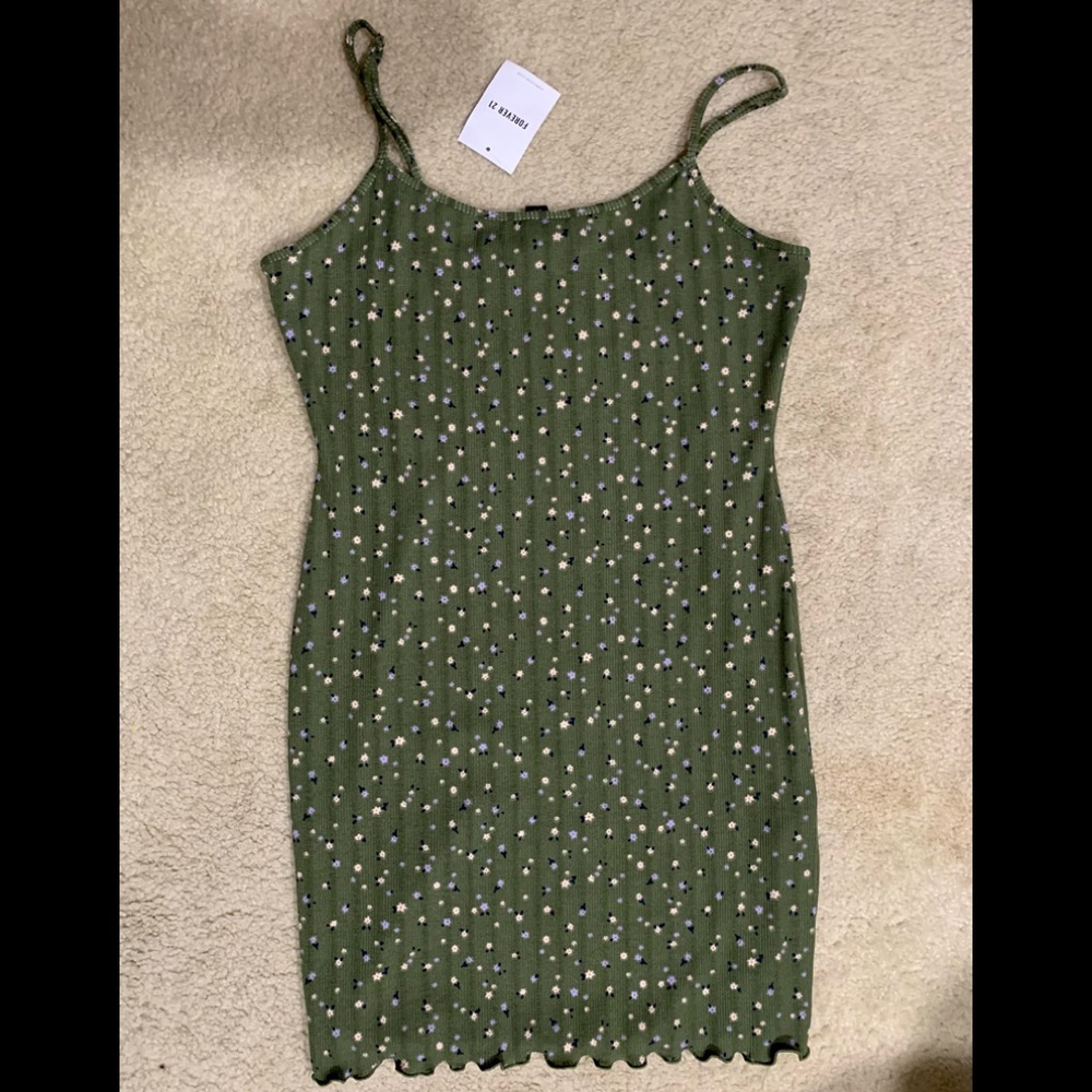 Forever 21 Green Floral Ribbed Mini Dress BNWT